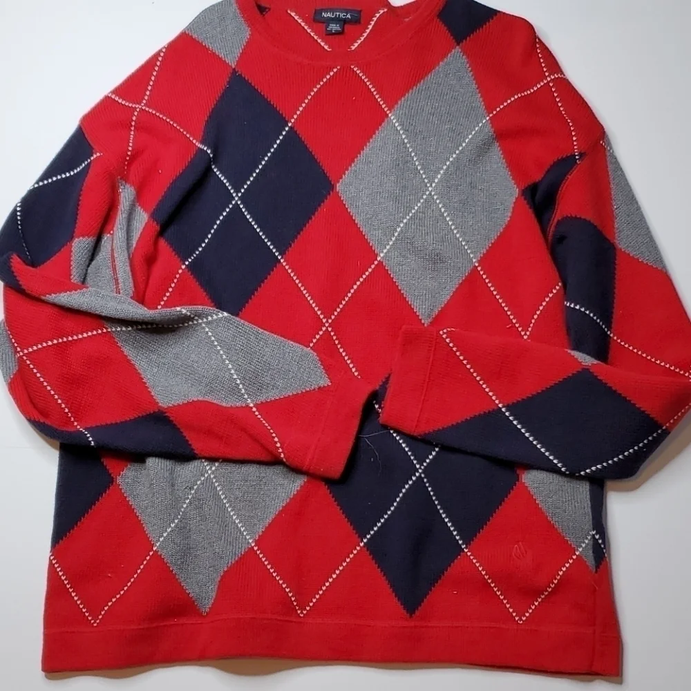 Nautical Mens Red Argyle Cotton Sweater Large